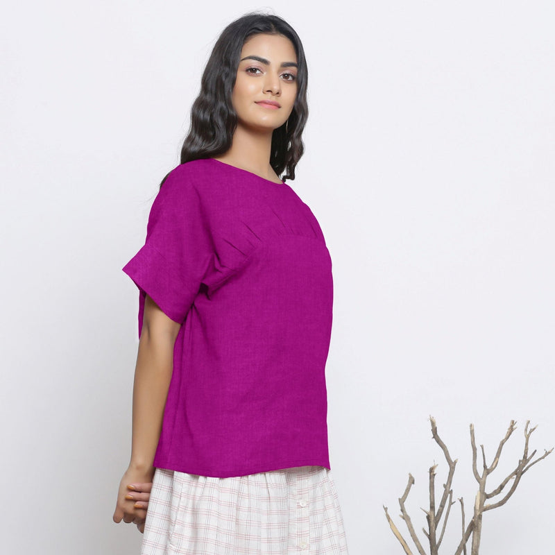 Right View of a Model wearing Magenta Round Neck Linen Loose Gathered Yoke Top