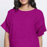 Front Detail of a Model wearing Magenta Round Neck Linen Loose Gathered Yoke Top