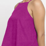 Left Detail of a Model wearing Magenta Strappy 100% Linen Spaghetti Top