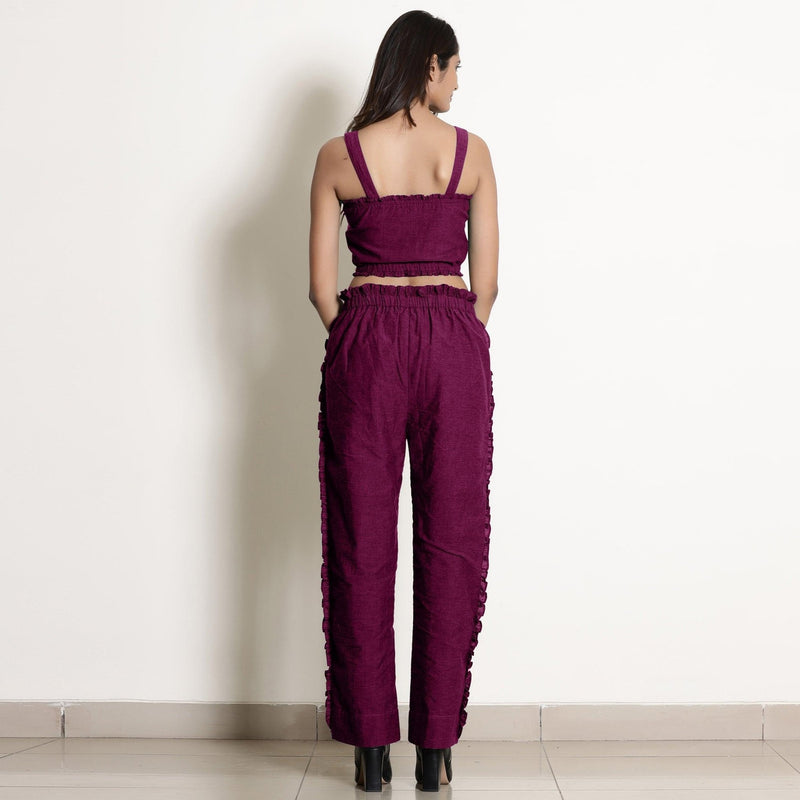 Back View of a Model wearing Magenta Warm Cotton Bustier Top and Mulberry Cotton Pant Co-ord Set