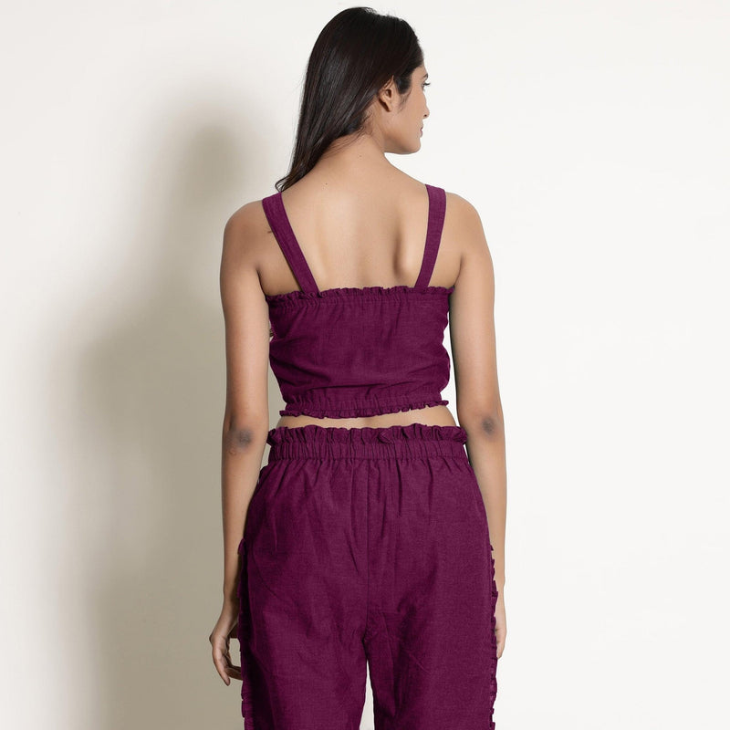 Back Detail of a Model wearing Magenta Warm Cotton Bustier Top and Mulberry Cotton Pant Co-ord Set