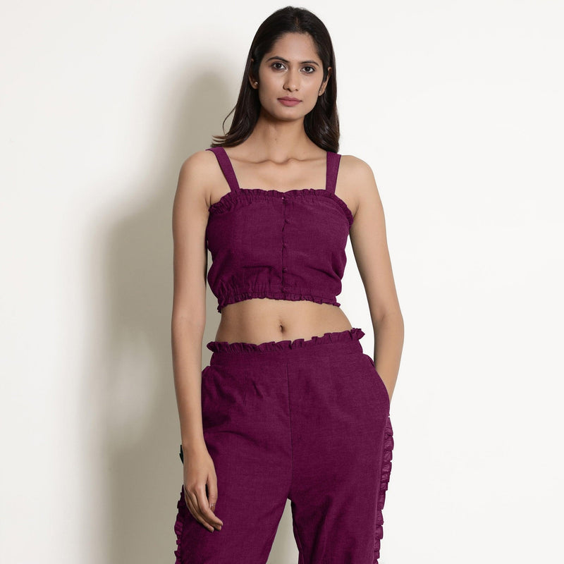 Front View of a Model wearing Magenta Warm Cotton Bustier Top and Mulberry Cotton Pant Co-ord Set