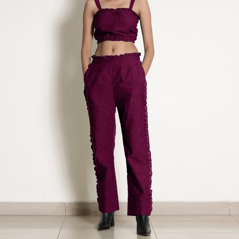 Front View of a Model wearing Magenta Warm Cotton Bustier Top and Mulberry Cotton Pant Co-ord Set