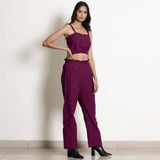 Right View of a Model wearing Magenta Warm Cotton Bustier Top and Mulberry Cotton Pant Co-ord Set