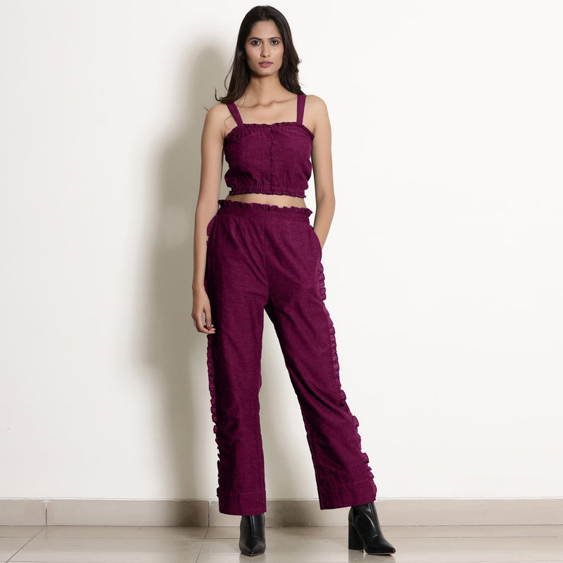 Front View of a Model wearing Magenta Warm Cotton Bustier Top and Mulberry Cotton Pant Co-ord Set