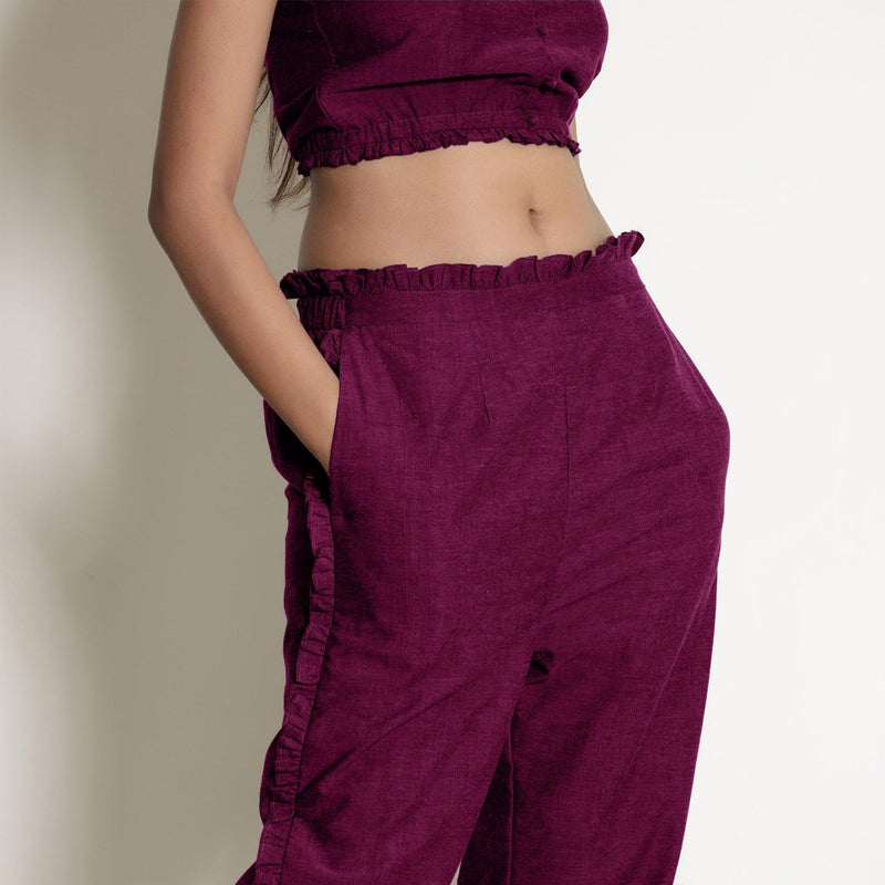 Front Detail of a Model wearing Magenta Warm Cotton Bustier Top and Mulberry Cotton Pant Co-ord Set