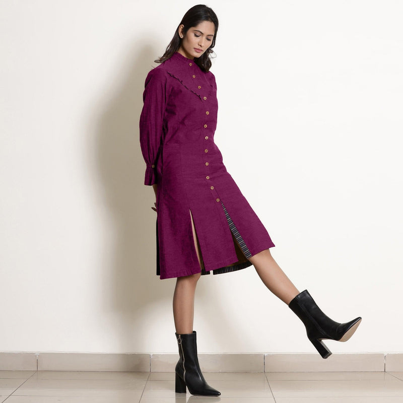 Right View of a Model wearing Warm Magenta Button-Down Frilled Collar Dress