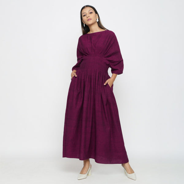 Magenta Yarn Dyed Cotton Ankle Length Pleated Flared Dress