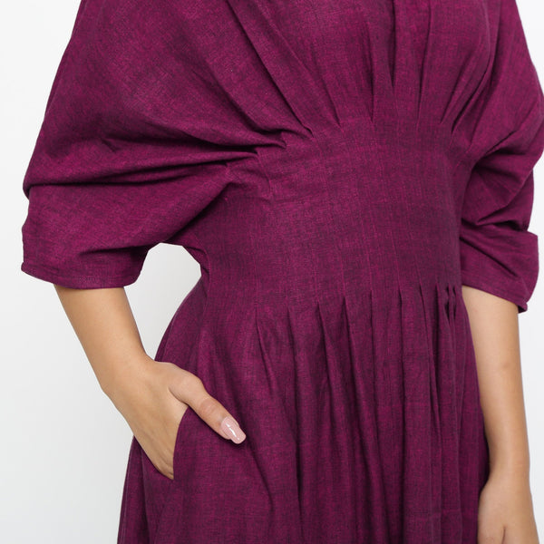 Magenta Yarn Dyed Cotton Ankle Length Pleated Flared Dress