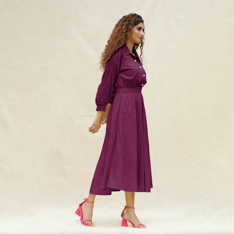 Magenta Yarn-Dyed Cotton Button-Down Yoked Maxi Dress