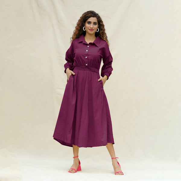Magenta Yarn-Dyed Cotton Button-Down Yoked Maxi Dress