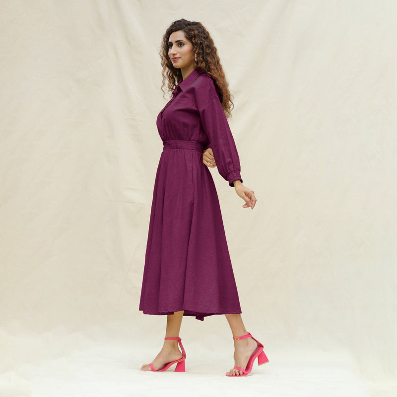 Magenta Yarn-Dyed Cotton Button-Down Yoked Maxi Dress