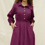 Magenta Yarn-Dyed Cotton Button-Down Yoked Maxi Dress
