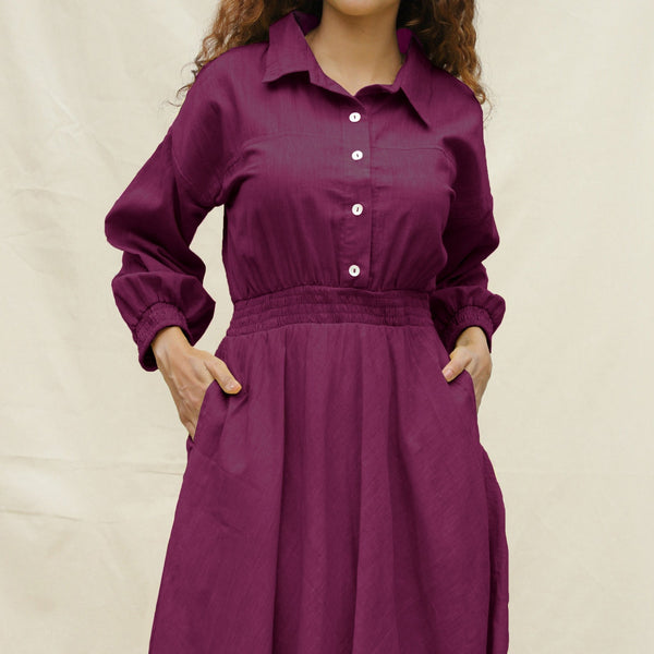 Magenta Yarn-Dyed Cotton Button-Down Yoked Maxi Dress