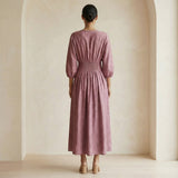 Magenta Yarn-Dyed Cotton Deep-V Neck Empire Waist Maxi Dress
