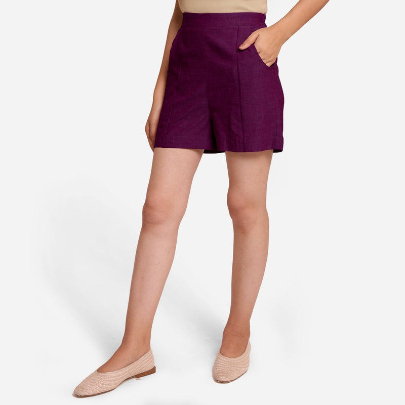 Magenta Yarn-Dyed Cotton Elasticated Casual Shorts