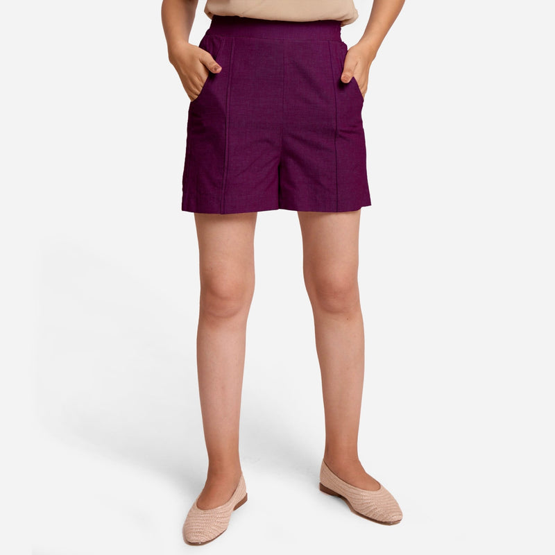 Magenta Yarn-Dyed Cotton Elasticated Casual Shorts