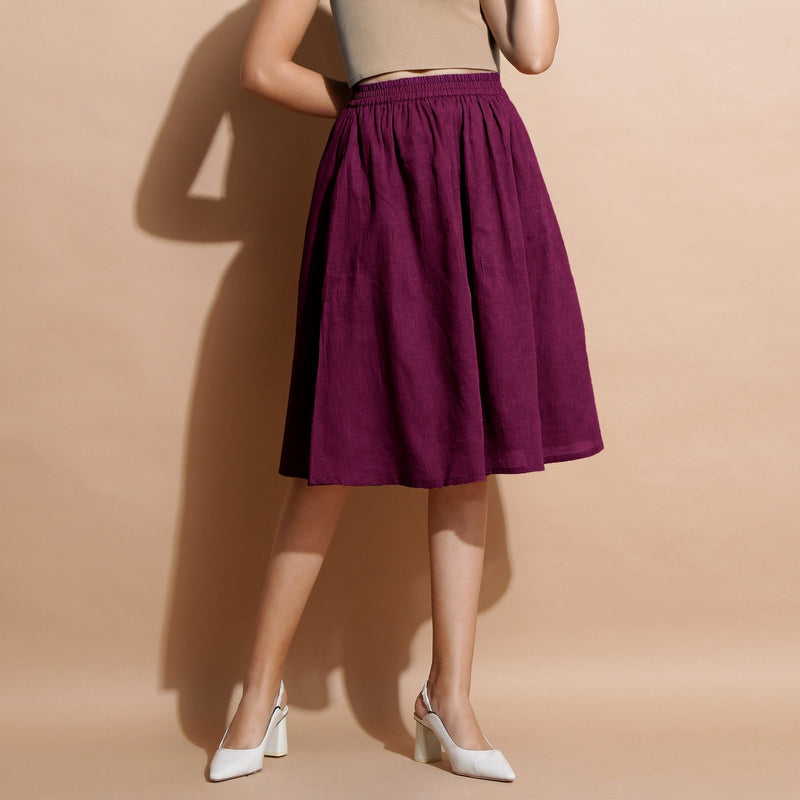 Magenta Yarn-Dyed Cotton Flared Elasticated Knee Length Skirt