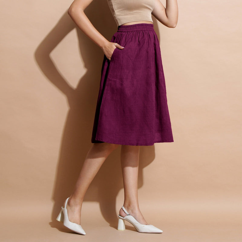 Magenta Yarn-Dyed Cotton Flared Elasticated Knee Length Skirt