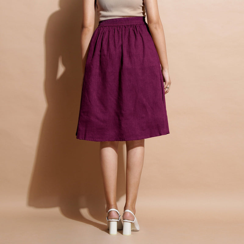 Magenta Yarn-Dyed Cotton Flared Elasticated Knee Length Skirt
