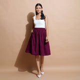 Magenta Yarn-Dyed Cotton Flared Elasticated Knee Length Skirt