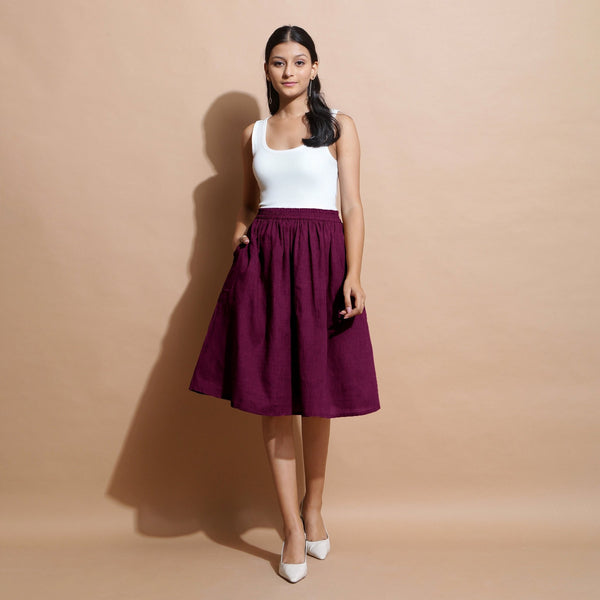 Magenta Yarn-Dyed Cotton Flared Elasticated Knee Length Skirt