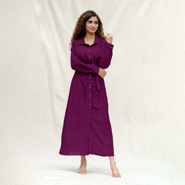 Magenta Yarn-Dyed Cotton Pleated Button-Down Maxi Dress