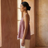 Magenta Yarn-Dyed Cotton Spaghetti Strap Top with Elastic Gathered Back