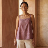 Magenta Yarn-Dyed Cotton Spaghetti Strap Top with Elastic Gathered Back