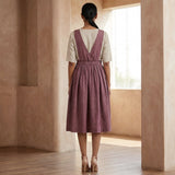 Magenta Yarn-Dyed Cotton V-Neck Pinafore Midi Wrap Dress