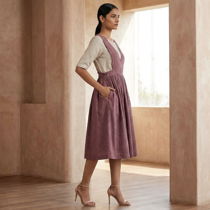 midi magenta dress Magenta Yarn-Dyed Cotton V-Neck Pinafore Midi Wrap Dress 52