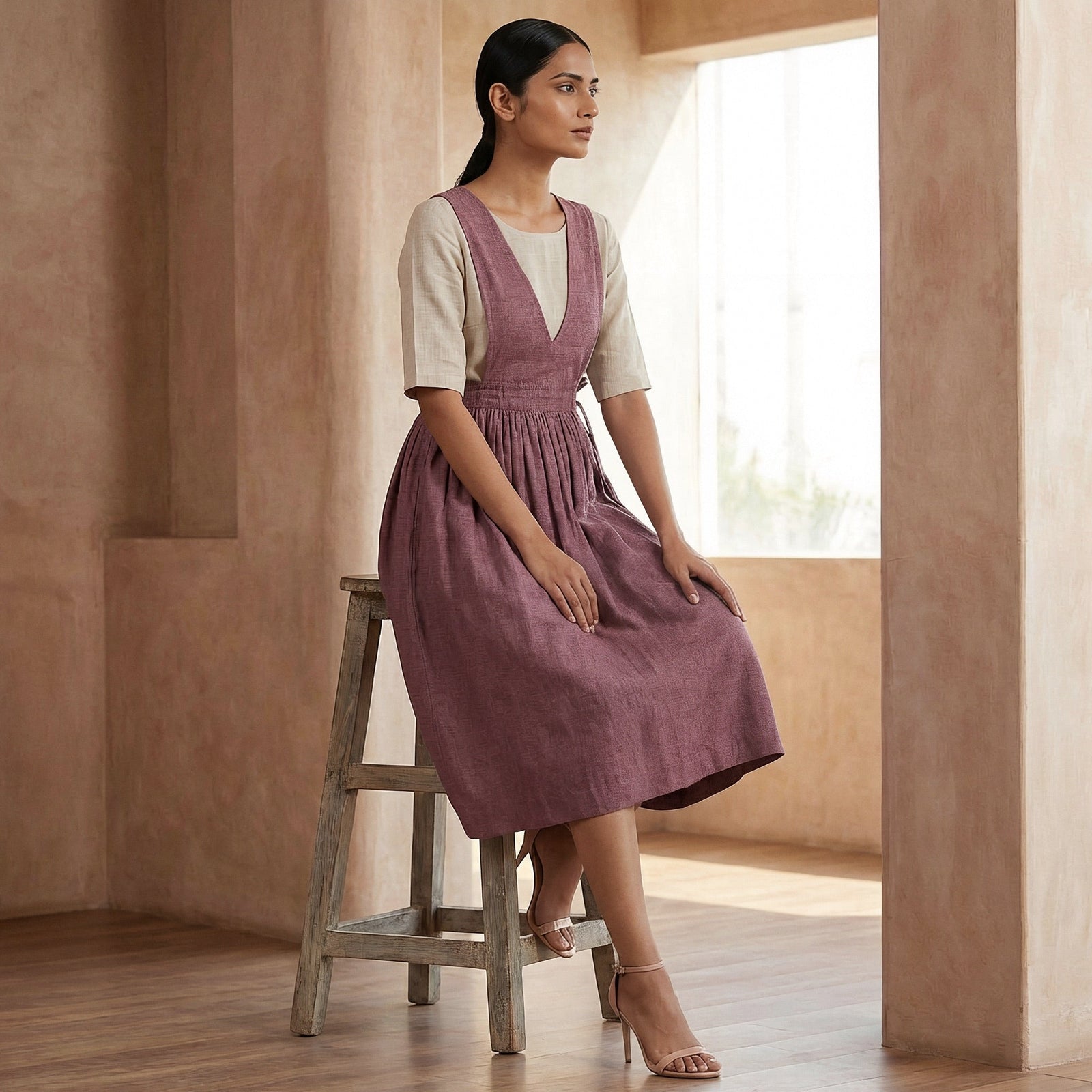 pinafore midi dress Magenta Yarn-Dyed Cotton V-Neck Pinafore Midi Wrap Dress 52