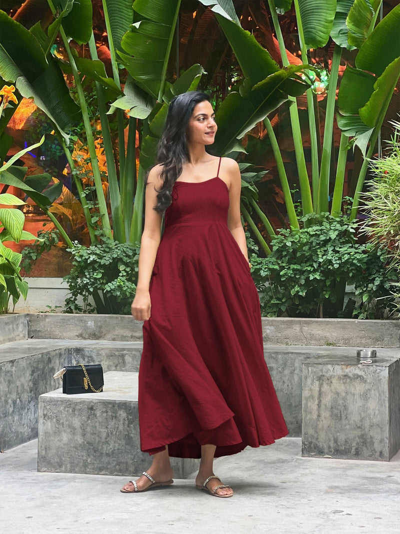 Maroon 100% Cotton Flared Sundress 50" / Tall (5'7" and above) Maroon 100% Cotton Flared Sundress 50" / Tall (5'7" and above)