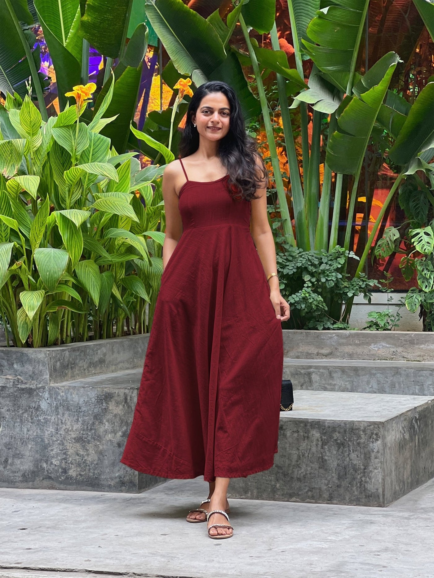 Maroon 100% Cotton Flared Sundress 42" / Regular (5'2" - 5'6") Maroon 100% Cotton Flared Sundress 42" / Regular (5'2" - 5'6")