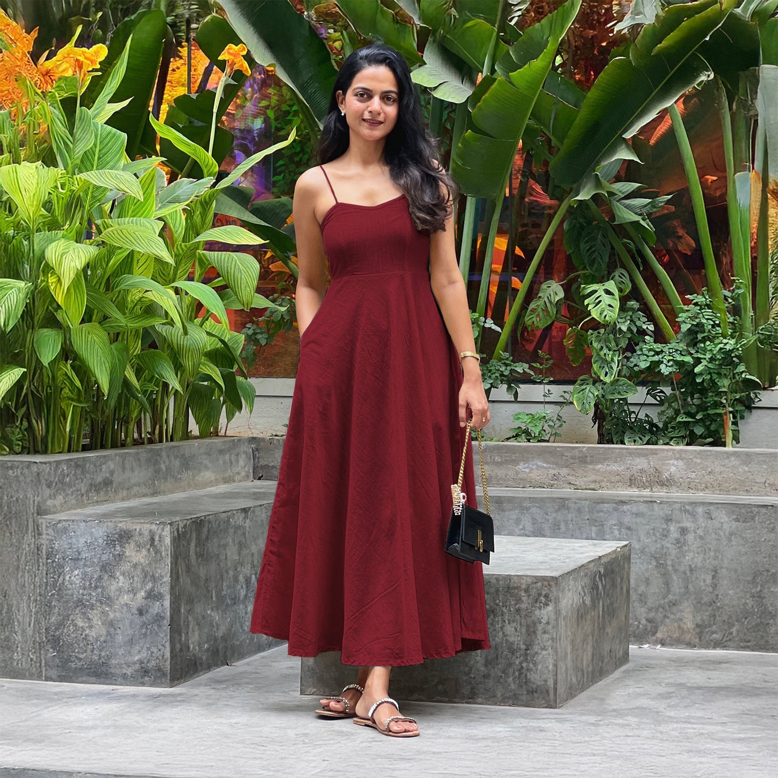 Maroon 100% Cotton Flared Sundress 50