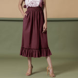 Maroon 100% Cotton Ruffled Elasticated Midi Skirt