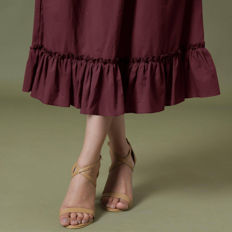 Maroon 100% Cotton Ruffled Elasticated Midi Skirt