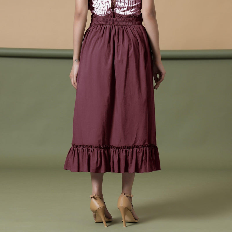 Maroon 100% Cotton Ruffled Elasticated Midi Skirt