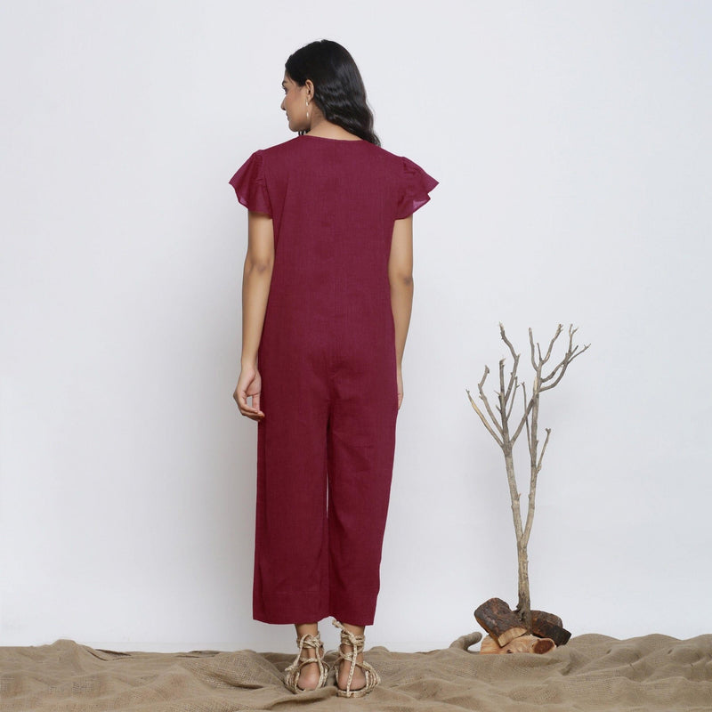 Back View of a Model wearing Handspun Maroon Butterfly Sleeves Jumpsuit