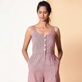 Front View of a Model wearing Comfy Cotton Sleeveless Button-Down Jumpsuit