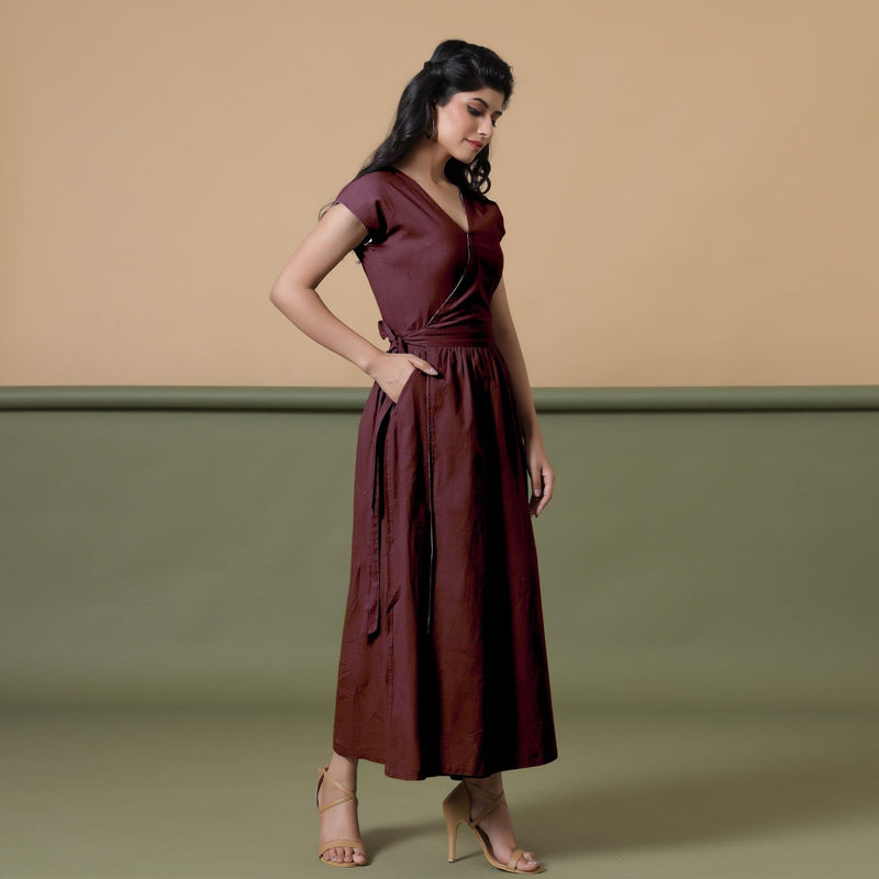 Maroon Cotton V-Neck Maxi Wrap Dress