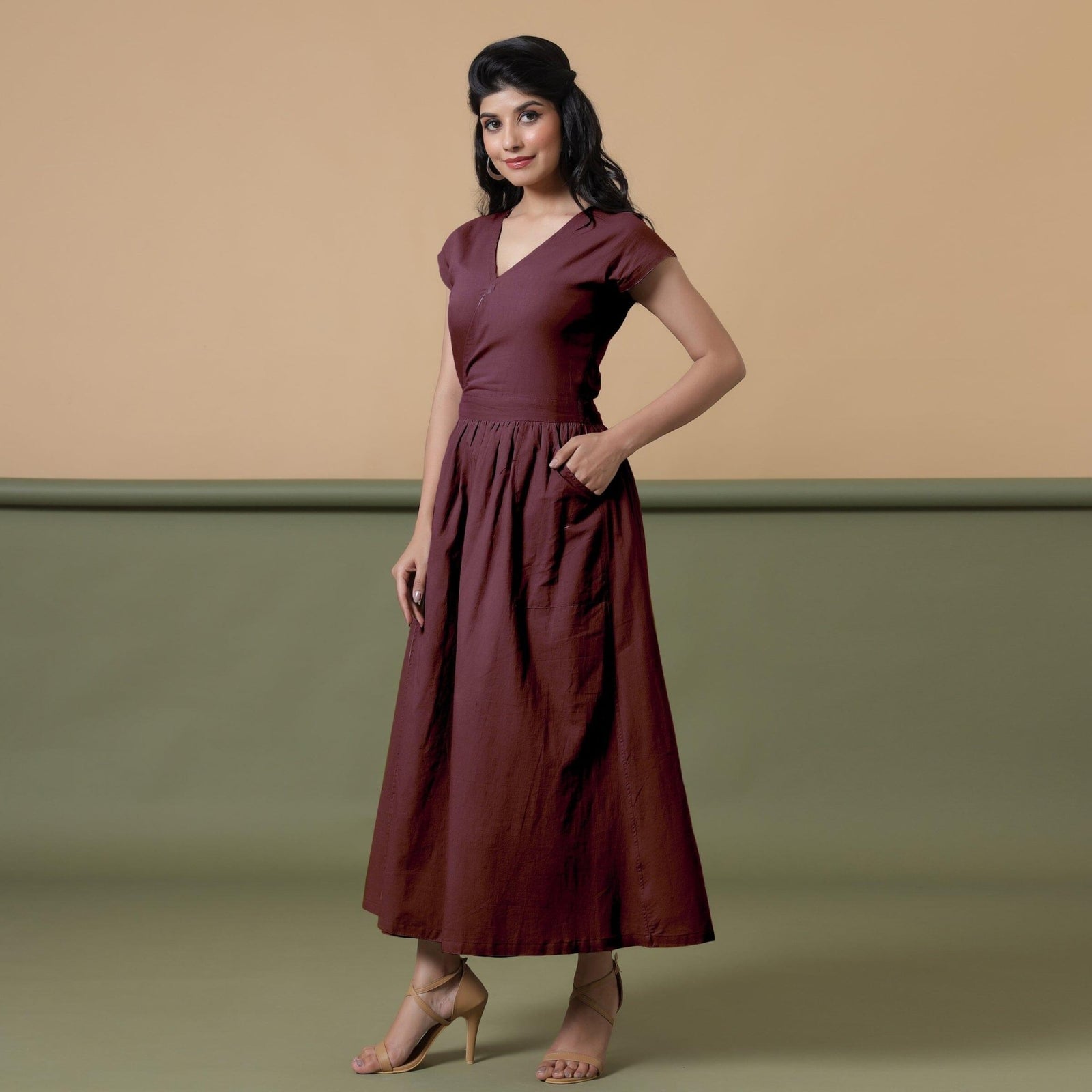 Maroon Cotton V-Neck Maxi Wrap Dress Custom Size (Free) / Custom Height (Free)