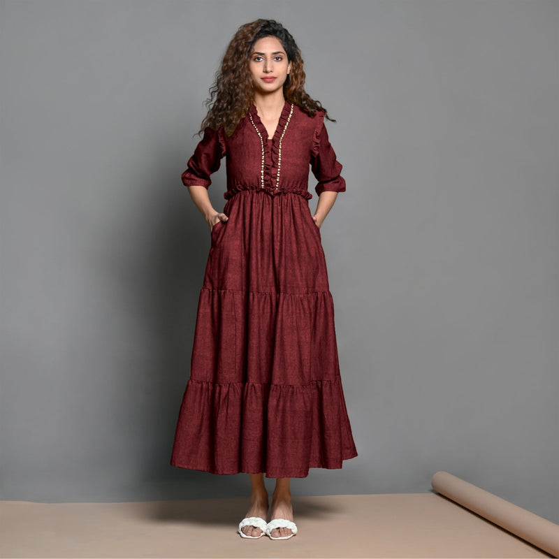 Maroon Hand-Beaded Handspun Cotton Boho Maxi Dress