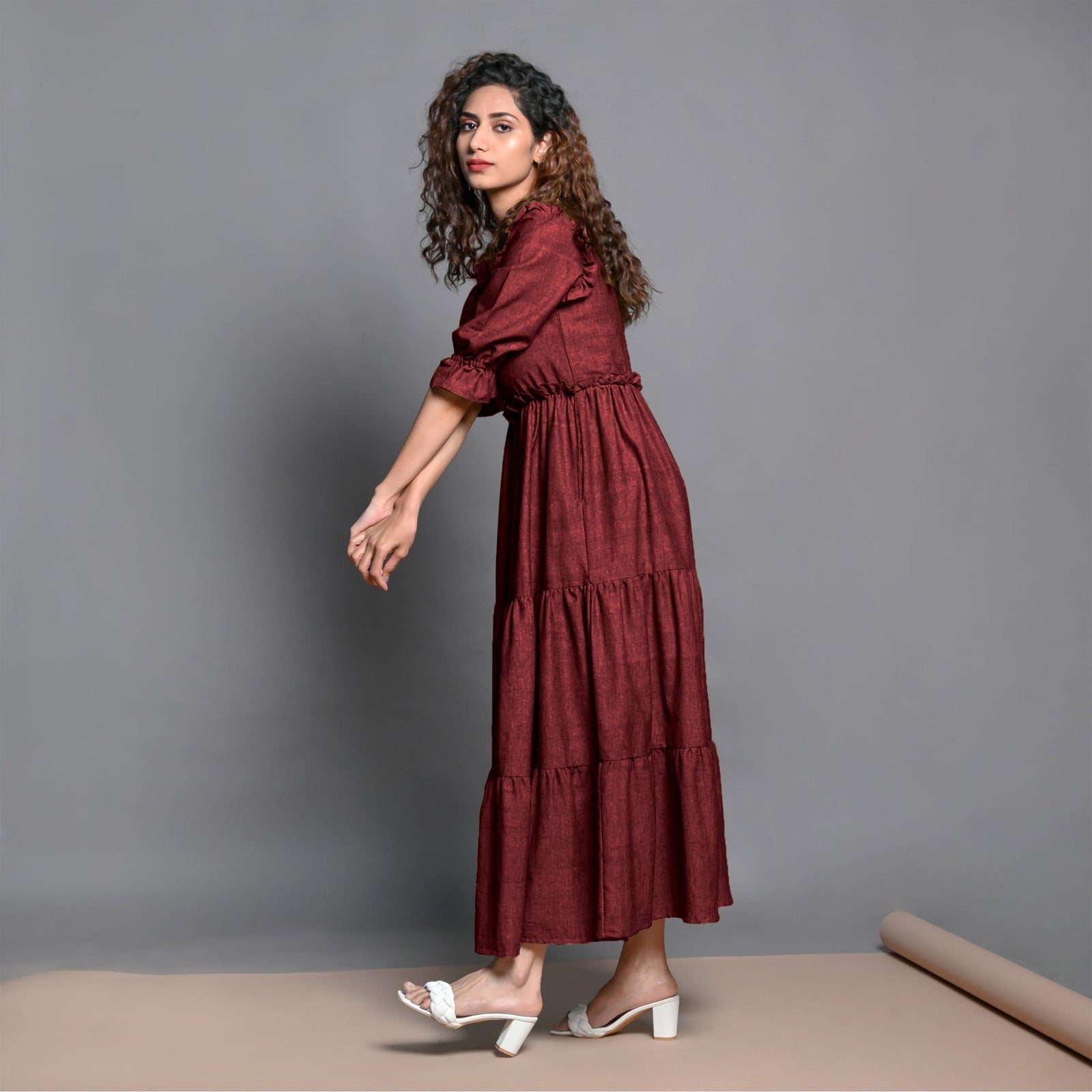 Maroon Hand-Beaded Handspun Cotton Boho Maxi Dress 36
