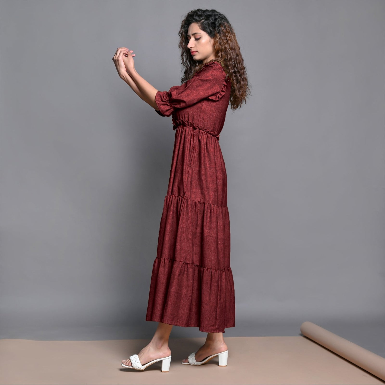 Maroon Hand-Beaded Handspun Cotton Boho Maxi Dress 36