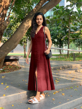 Maroon Handspun Cotton A-Line Front Slit Maxi Dress