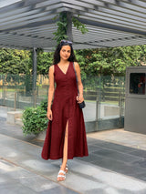 Maroon Handspun Cotton A-Line Front Slit Maxi Dress