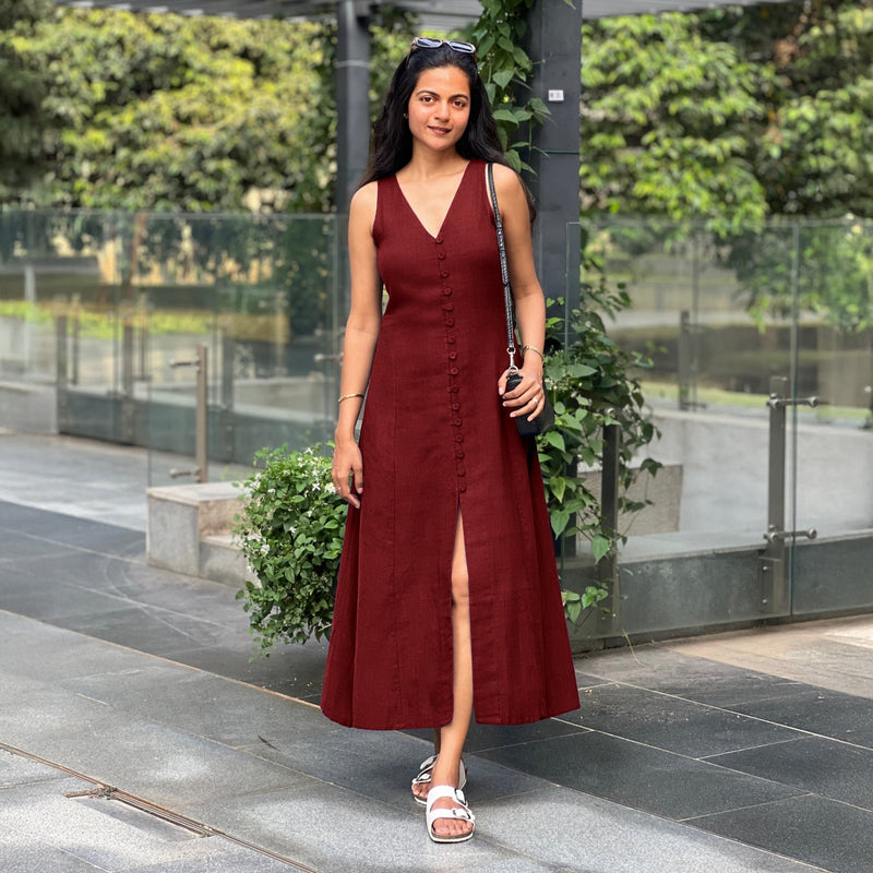 Maroon Handspun Cotton A-Line Front Slit Maxi Dress