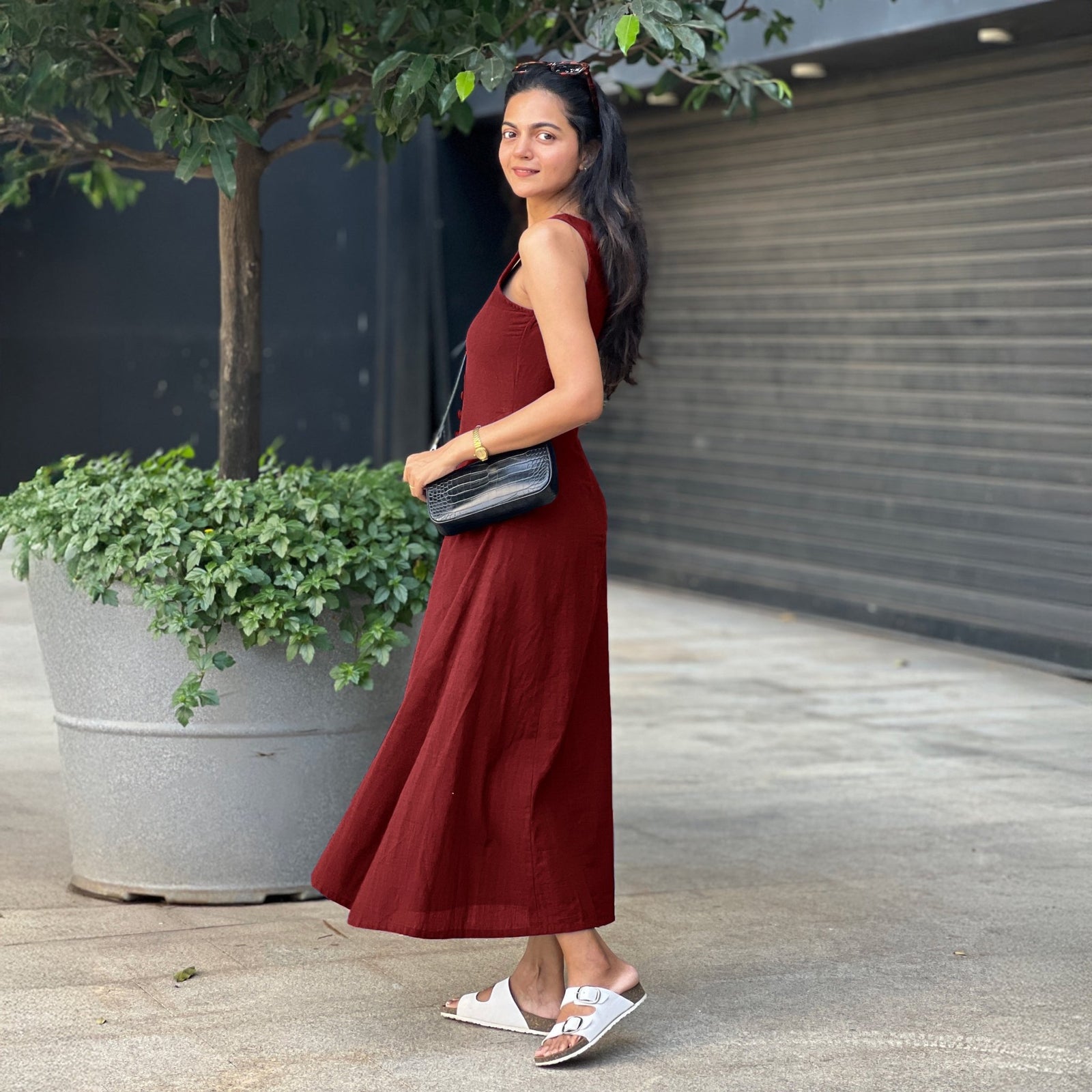 Maroon Handspun Cotton A-Line Front Slit Maxi Dress 50" / Tall (5'7" and above)