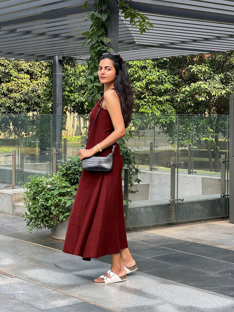 Maroon Handspun Cotton A-Line Front Slit Maxi Dress 40" / Custom Height (Free) Maroon Handspun Cotton A-Line Front Slit Maxi Dress 40" / Custom Height (Free)